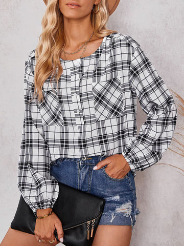 Woochic chemisier carreaux avec poches boutonnage col rond casual femme blouse Blanche S
